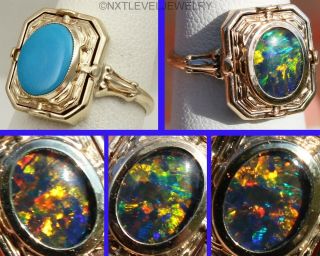 Antique Art Deco Opal & Persian Turquoise 10k Gold Cocktail Flip Reversible Ring