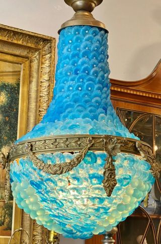 Vintage Italian Mid - Century Modern 20th C Murano Bronze & Blue Glass Chandelier