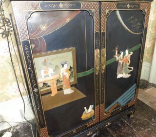 Vintage black wood Chinese cabinet mother pearl carved figure elephant China 4