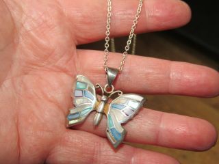 Vintage Jewellery 925 Sterling Silver Mother Of Pearl Butterfly Pendant Necklace