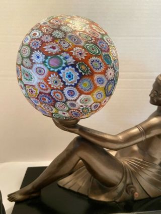 Art Deco Figural Nude Lady Bronze Lamp With Round Millefiori Glass Globe