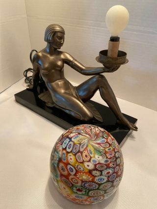 Art Deco Figural Nude Lady bronze lamp with round Millefiori Glass Globe 4