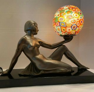 Art Deco Figural Nude Lady bronze lamp with round Millefiori Glass Globe 5