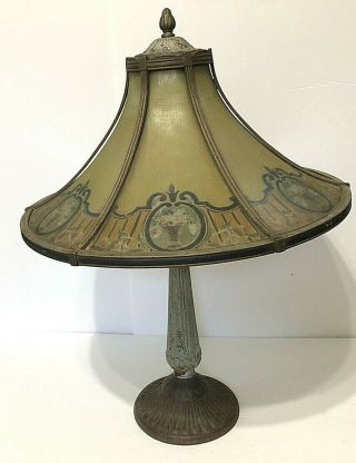 Vtg Rainaud Table Lamp Antique Art Nouveau Reverse Paint Fruits Slag Glass Shade