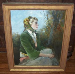 C1938 Antique Charles P Gruppe Woman W/ Scarf Portrait Oil Painting Movie Star?