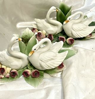 Vintage Capodimonte Porcelain Swans & Flowers Candle Holders