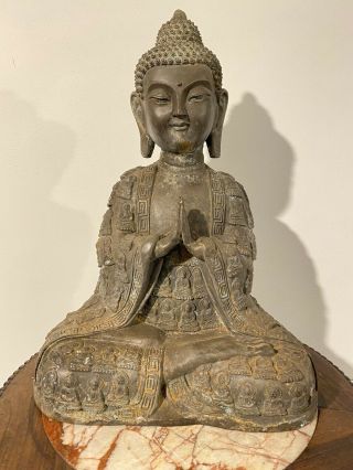 Large Bronze Chinese Seated Buddha Praying Wearing Robe Of Buddha Seal Mark 6
