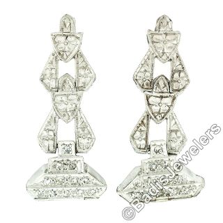 Antique Art Deco Platinum Diamond Floral Engraved Pyramid Drop Dangle Earrings 2