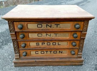 Antique Clark ' s O.  N.  T Thread Spool Co.  Chest Cabinet 4 drawr 2