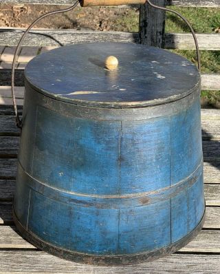 Fine Antique 19th C.  Firkin/sugar/pantry Box,  Bucket Blue Paint Aafa