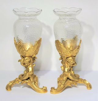 Pair Antique French Gilt Bronze & Baccarat Cut Crystal Vases Figural Mermaids