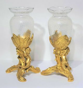 Pair Antique French Gilt Bronze & Baccarat Cut Crystal Vases Figural Mermaids 2
