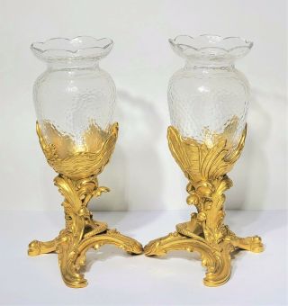 Pair Antique French Gilt Bronze & Baccarat Cut Crystal Vases Figural Mermaids 3