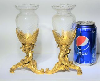 Pair Antique French Gilt Bronze & Baccarat Cut Crystal Vases Figural Mermaids 4
