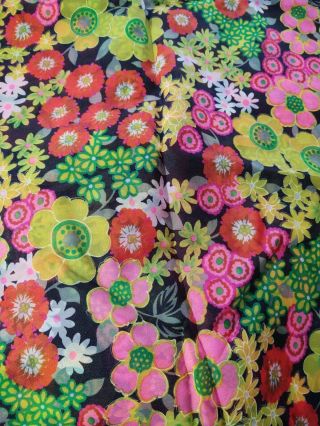 Vintage Fabric Sheer Nylon Bright Flower Power Print 43 " W By 2 Yds 6 " Floral