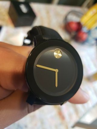 Mens Movado Bold Black Leather Strap Gold Accent Watch 3600480