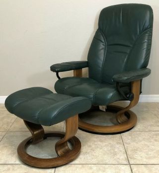 Ekornes Stressless Leather Recliner Chair & Ottoman Medium Size Vintage Norway