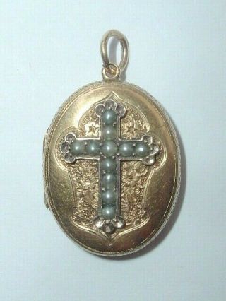Antique Victorian 9ct Gold Seed Pearl Cross Locket Pendant