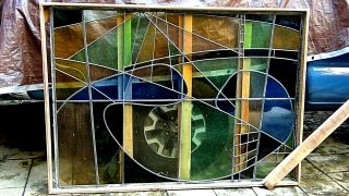 Large Architectural Stained Glass Window Multi - Colored Abstract Design,  Signed