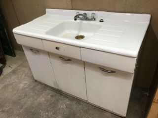 Vintage 4 piece Metal Kitchen Cabinets with Porcelain Enamel Sink and base 4