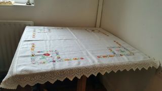 Vintage Pretty Flowers Hand Embroidered Linen Tablecloth With Lace Edging Easter
