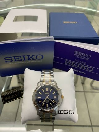 W/ Tags Seiko Mens Watch Perpetual Calendar Steel Gold Blue Snq010 40mm