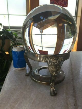 Massive 8 ",  Antique - Vintage,  Crystal Ball W/ Ornate Silver Metal Stand