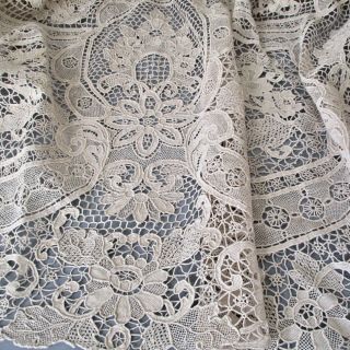 Antique Hm Ecru Italian Point De Venise Lace 136 " Tablecloth,  12 Linen Napkins