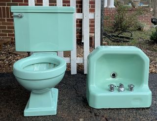 Vintage 1957 Ming Green American Standard Toilet & Cast Iron Sink Pick Up