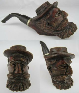 Vintage Tobacco Pipe Hand Carved Face Head Briar Wood Old Bearded Hat Man Estate