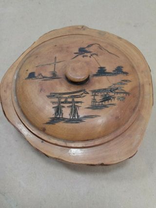 Stunning Vintage Turned Wood Bowl With Carved Scene On Lid Folk Art Sculpture
