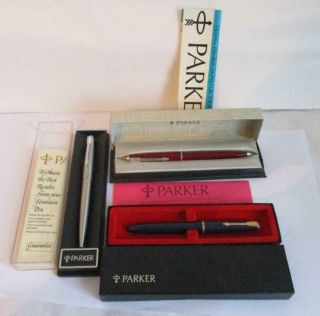 3 Vintage Parker Pens Slimfold Fountain Pen 2 Parker Ballpoints Boxed &