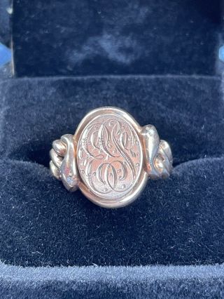 Antique Art Nouveau 10k Rose Gold Signet Ring W/ Snakes & Stone Eyes - Sz 10.  5