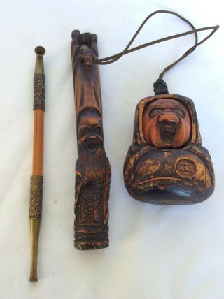 Antique 19th C Carved Japanese Meiji Period Info Sagemono Kiseru Tobacco Pipe