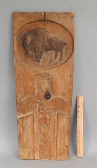 Antique Western American Indian Carved Wood Cradle Board W/ Bison & Totem,  Nr