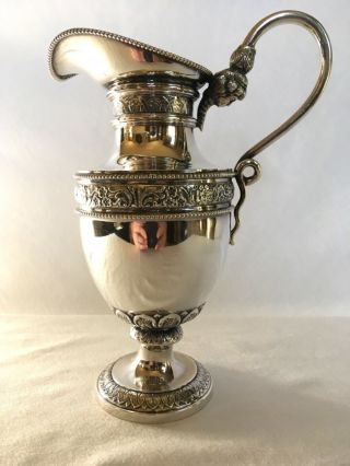Antique Neoclassical Continental 800 / 835 Silver Ewer Pitcher Mascaron Handle