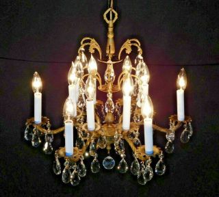 Antique French 6 Arm 12 Lite Fussy Brass Bronze Cut Lead Crystal Chandelier