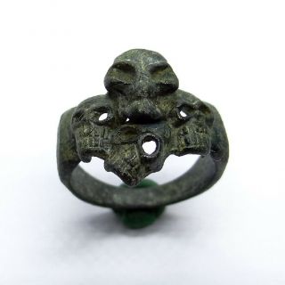 Roman Ancient Artifact Bronze Gladiator Ring With Skulls