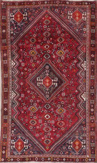 Antique Tribal Geometric Abadeh Oriental Hand - Knotted 5x8 Red Wool Rug