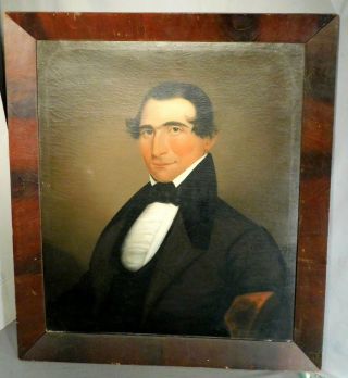 Antique Early American Folk Art Portrait Handsome Man Empire Picture Frame 1840