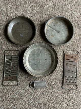 3 Vintage Antique Metal Pie Baking Pans And 3 Graters 1 Pan Rotating Scraper