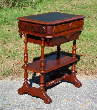 Antique Walnut Victorian Sewing Work Table Leather Top Library Entry Table 1800s