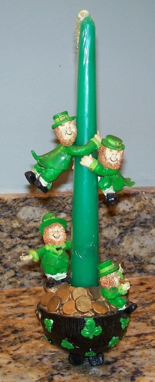 Vintage Leprechauns W/pot Of Gold Candle Holder St.  Patrick 