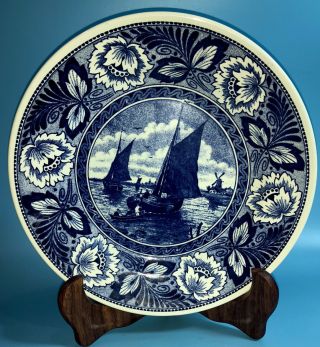 Vtg Royal Sphinx Boch Delfts Blue & White 9 " Wall Plate - Windmill Sail Boat