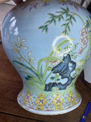 A large 19th century Chinese sky blue glazed famille rose jar and cover 6