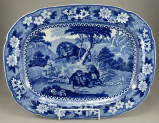 Antique Pottery Pearlware Blue Transfer Adams Lions Pattern 20 " Platter 1820