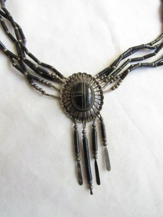 Vintage Native American Multi Strand Liquid Sterling Silver Onyx Necklace