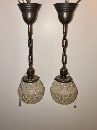 Wired Pair Antique Brass Pendant Lights Fixtures With Heavy Starburst Globes 23d