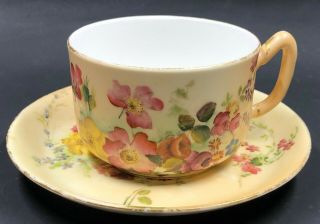 Vintage Royal Worcester Tea Cup & Saucer Hand Painted Wildflowers On Peach