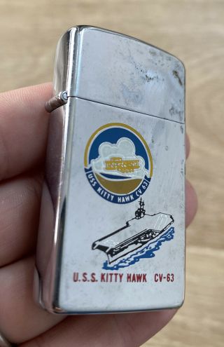 Vintage Military Zippo Slim Lighter U.  S.  S.  Kitty Hawk CV - 63 USN Supercarrier 3